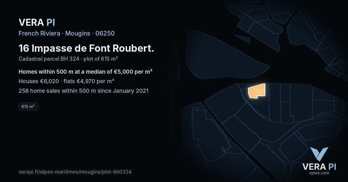 16 Impasse de Font Roubert, Mougins at night – the plot lit, the parcels around coloured by the prices near them