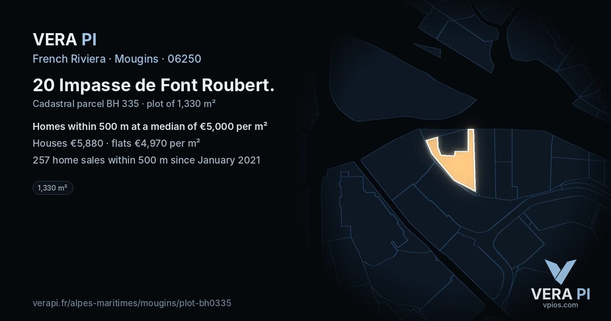 20 Impasse de Font Roubert, Mougins at night – the plot lit, the parcels around coloured by the prices near them