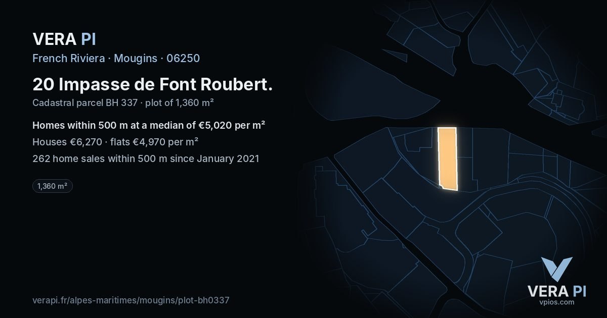 20 Impasse de Font Roubert, Mougins at night – the plot lit, the parcels around coloured by the prices near them