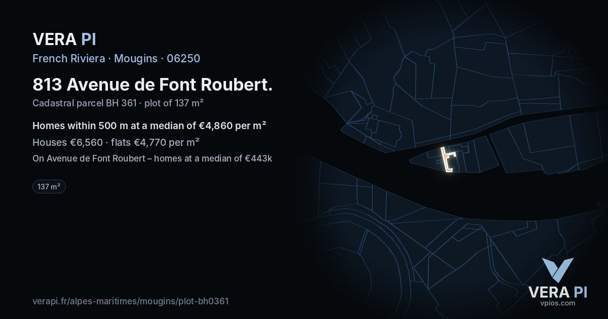 813 Avenue de Font Roubert, Mougins at night – the plot lit, the parcels around coloured by the prices near them