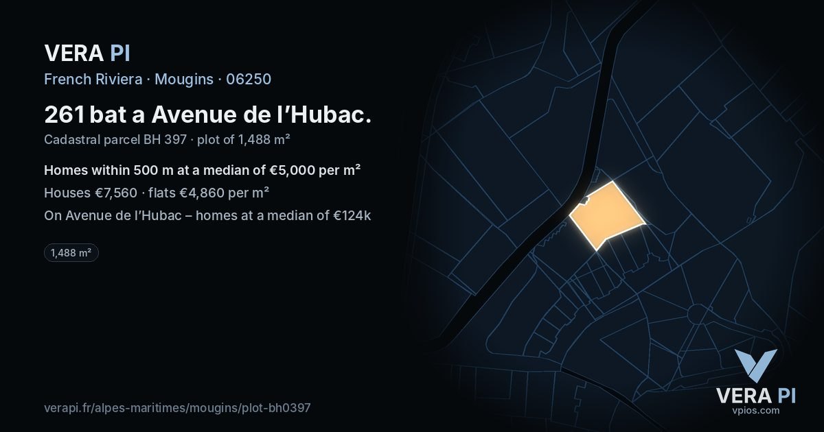 261 bat a Avenue de l’Hubac, Mougins at night – the plot lit, the parcels around coloured by the prices near them