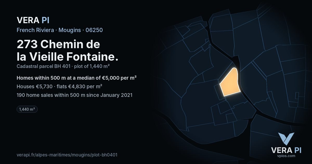 273 Chemin de la Vieille Fontaine, Mougins at night – the plot lit, the parcels around coloured by the prices near them