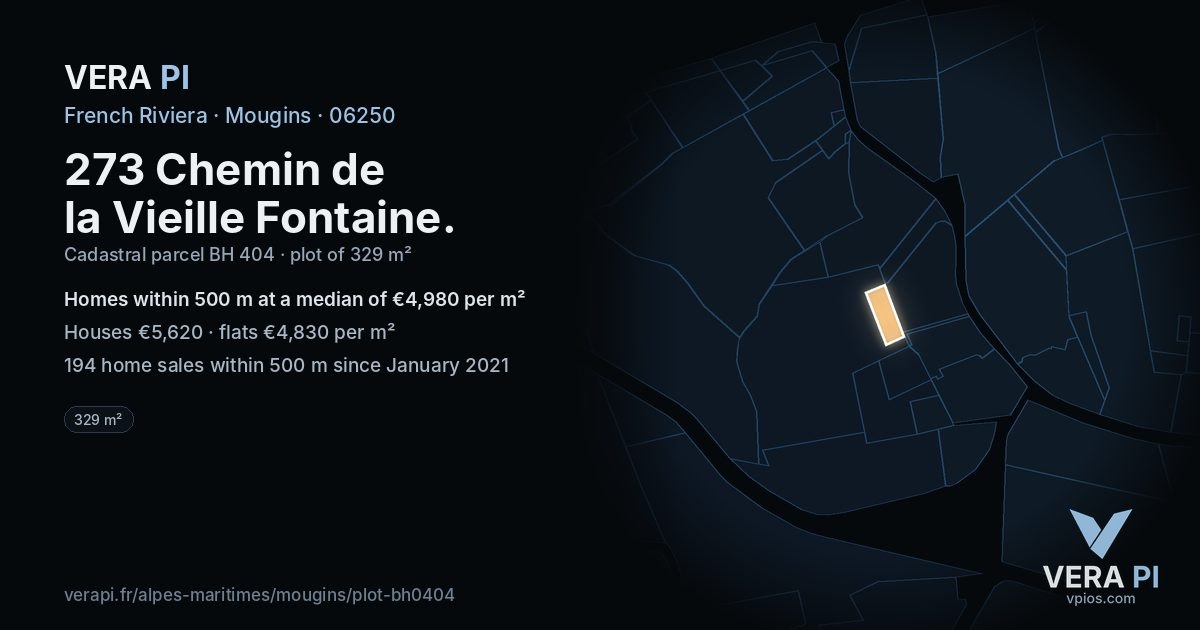 273 Chemin de la Vieille Fontaine, Mougins at night – the plot lit, the parcels around coloured by the prices near them