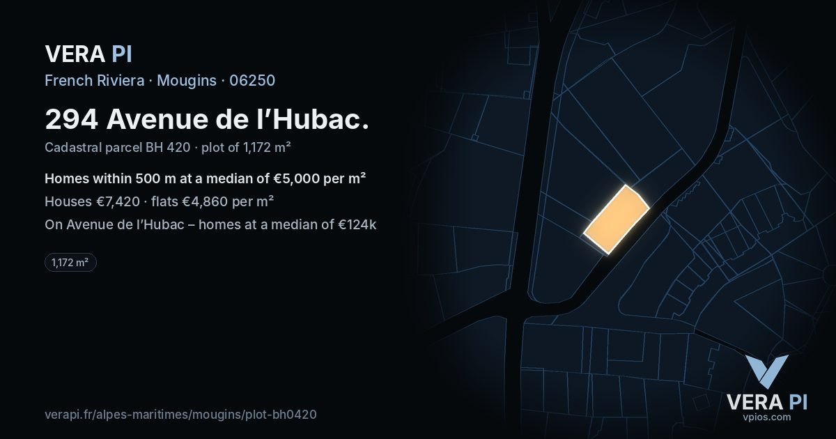 294 Avenue de l’Hubac, Mougins at night – the plot lit, the parcels around coloured by the prices near them