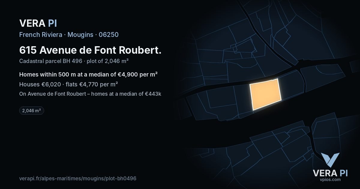 615 Avenue de Font Roubert, Mougins at night – the plot lit, the parcels around coloured by the prices near them