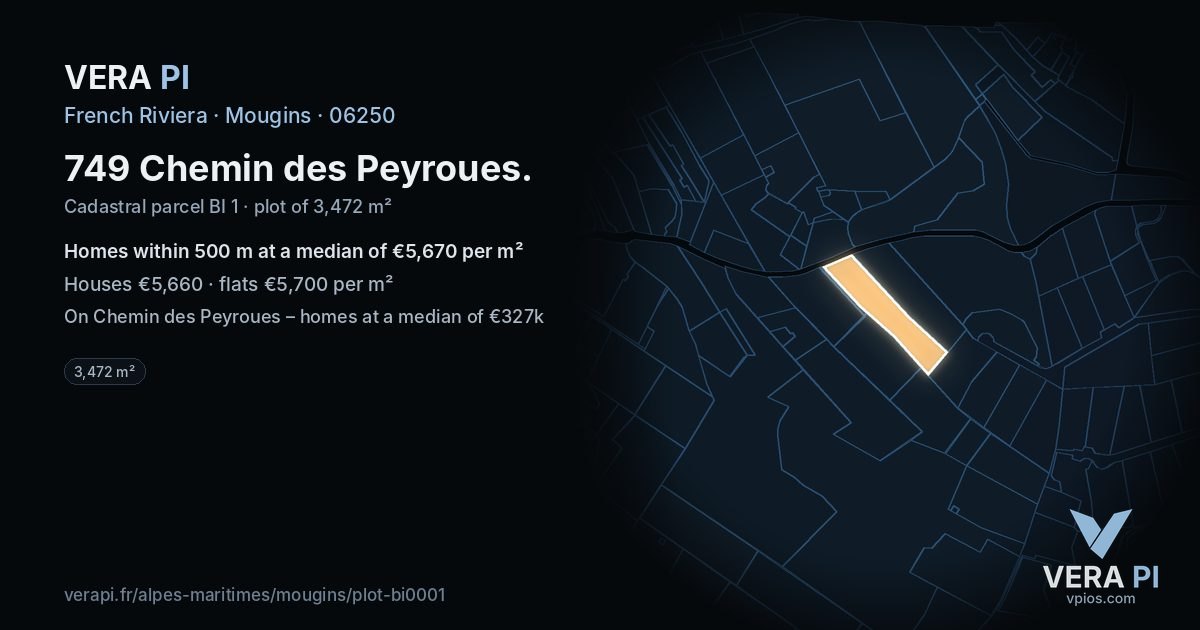 749 Chemin des Peyroues, Mougins at night – the plot lit, the parcels around coloured by the prices near them