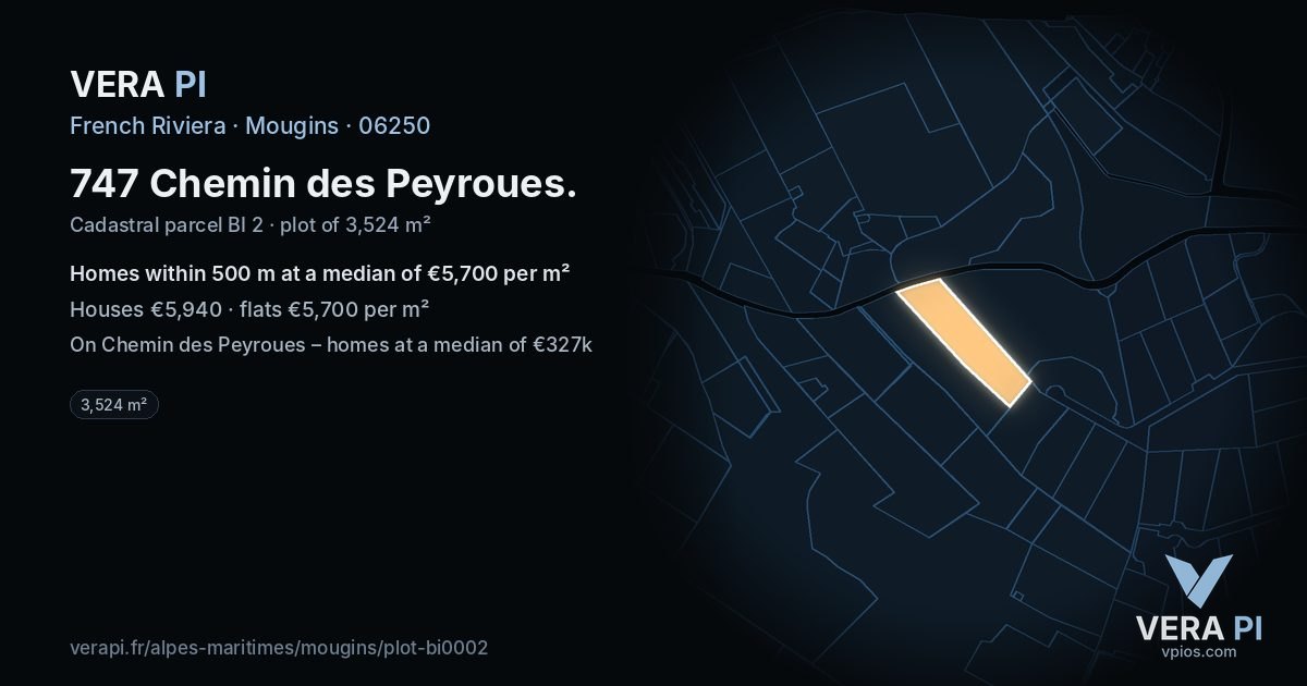 747 Chemin des Peyroues, Mougins at night – the plot lit, the parcels around coloured by the prices near them