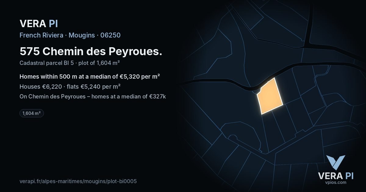 575 Chemin des Peyroues, Mougins at night – the plot lit, the parcels around coloured by the prices near them