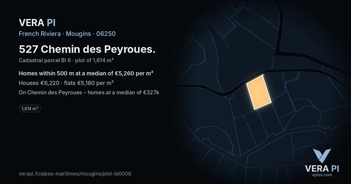 527 Chemin des Peyroues, Mougins at night – the plot lit, the parcels around coloured by the prices near them
