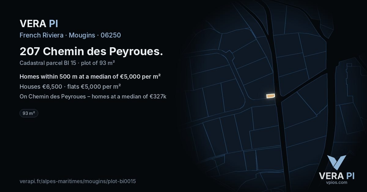 207 Chemin des Peyroues, Mougins at night – the plot lit, the parcels around coloured by the prices near them