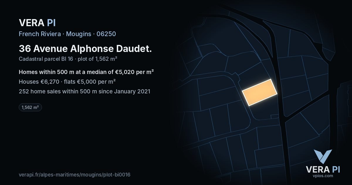 36 Avenue Alphonse Daudet, Mougins at night – the plot lit, the parcels around coloured by the prices near them