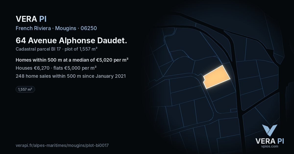 64 Avenue Alphonse Daudet, Mougins at night – the plot lit, the parcels around coloured by the prices near them
