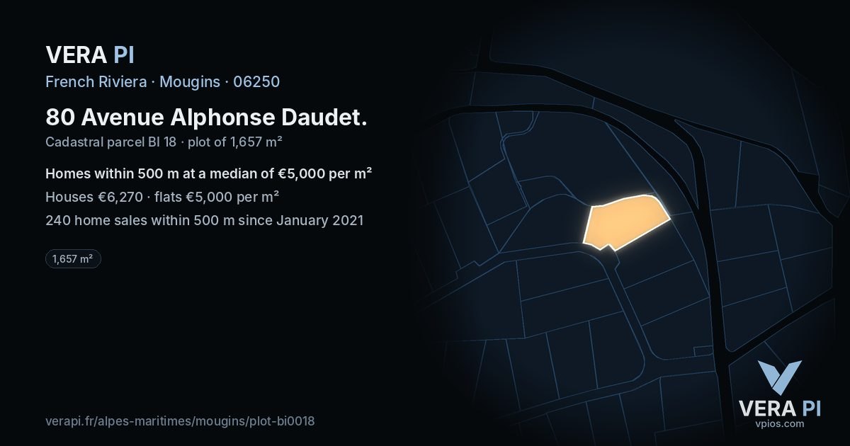 80 Avenue Alphonse Daudet, Mougins at night – the plot lit, the parcels around coloured by the prices near them