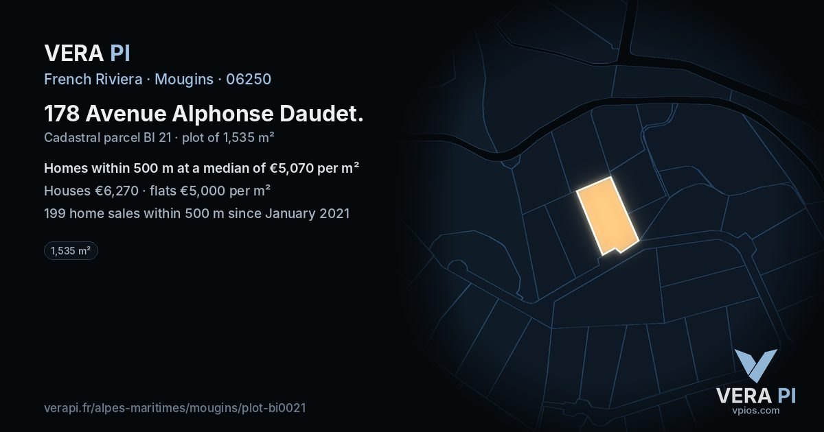 178 Avenue Alphonse Daudet, Mougins at night – the plot lit, the parcels around coloured by the prices near them