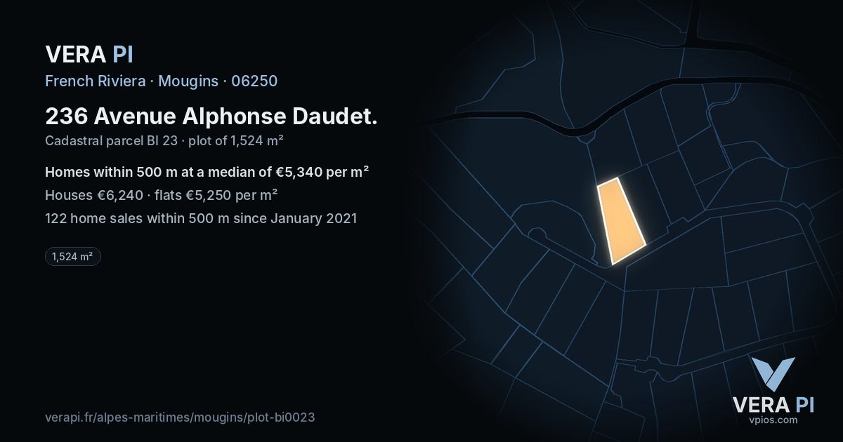 236 Avenue Alphonse Daudet, Mougins at night – the plot lit, the parcels around coloured by the prices near them