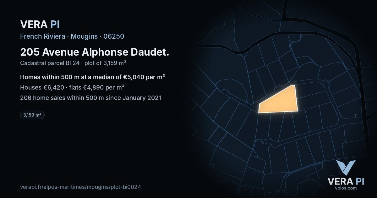 205 Avenue Alphonse Daudet, Mougins at night – the plot lit, the parcels around coloured by the prices near them