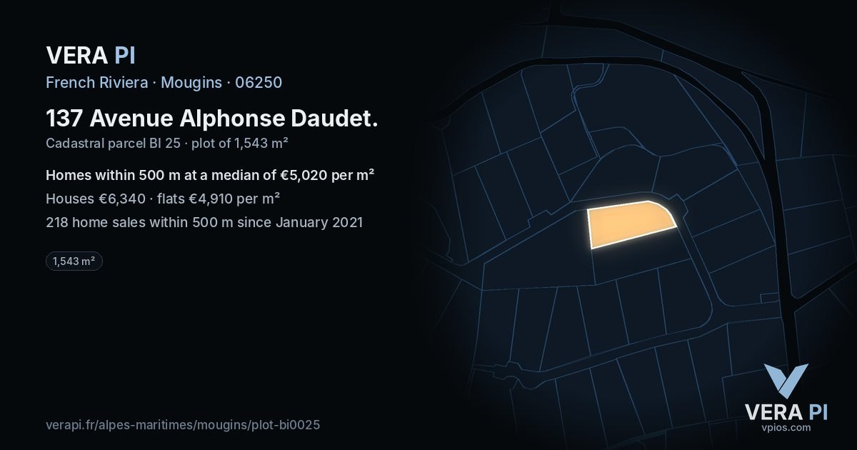 137 Avenue Alphonse Daudet, Mougins at night – the plot lit, the parcels around coloured by the prices near them