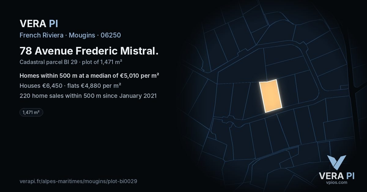 78 Avenue Frederic Mistral, Mougins at night – the plot lit, the parcels around coloured by the prices near them