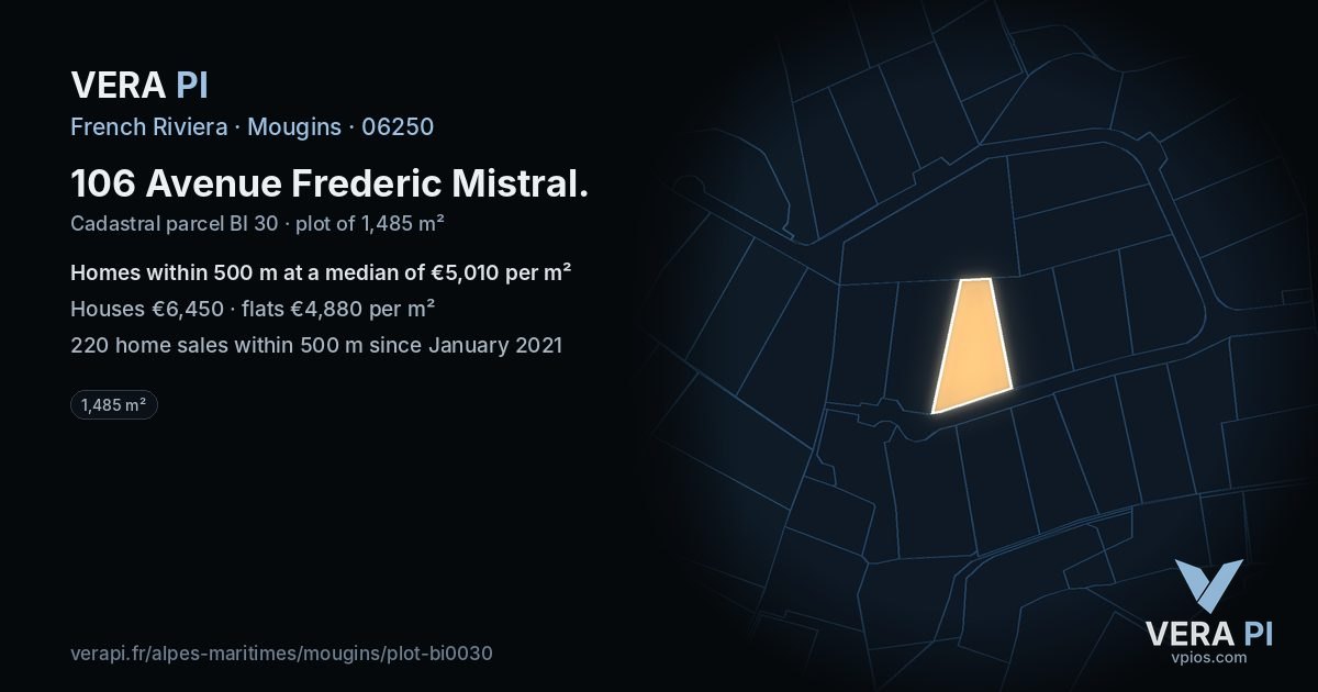 106 Avenue Frederic Mistral, Mougins at night – the plot lit, the parcels around coloured by the prices near them