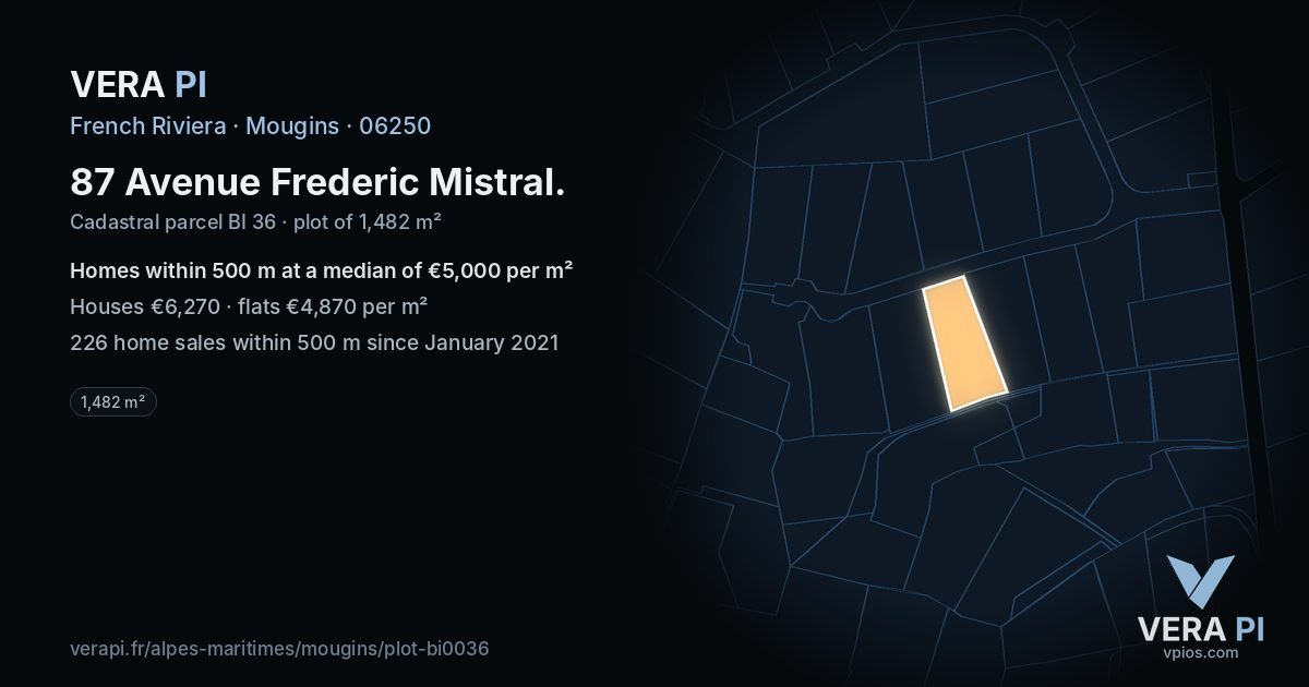 87 Avenue Frederic Mistral, Mougins at night – the plot lit, the parcels around coloured by the prices near them