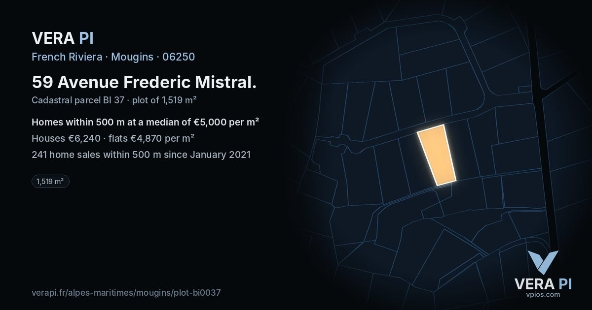 59 Avenue Frederic Mistral, Mougins at night – the plot lit, the parcels around coloured by the prices near them
