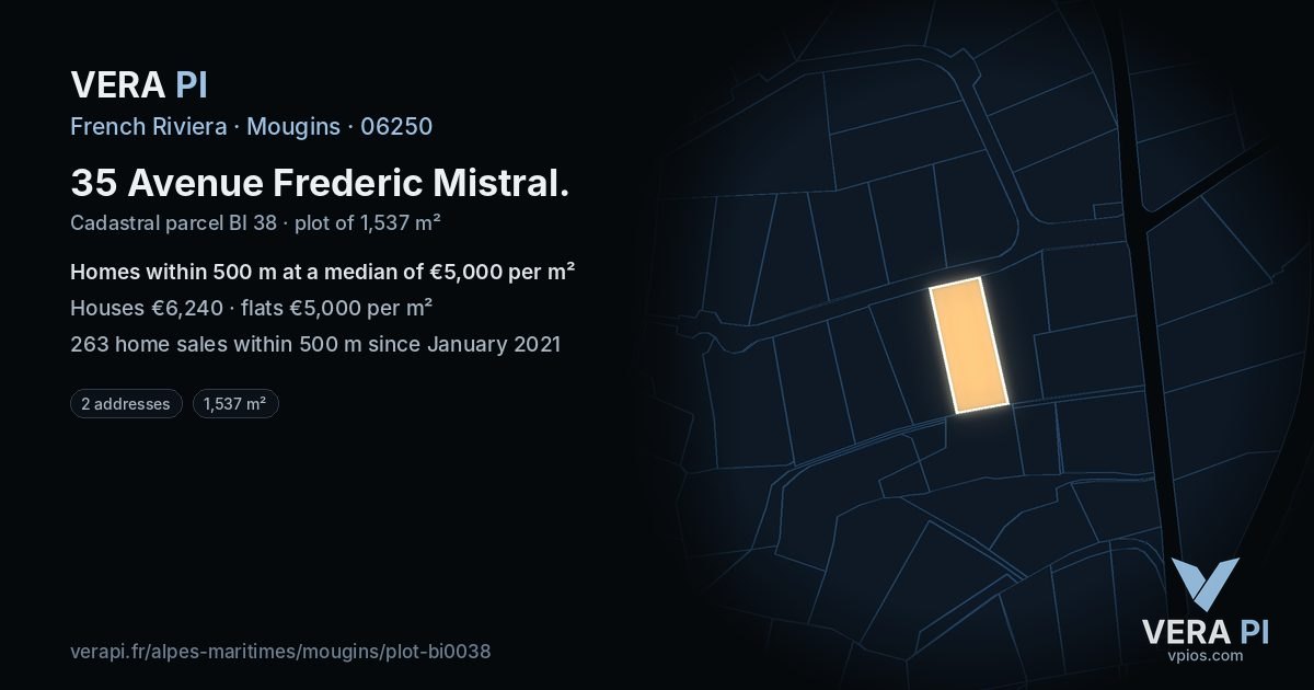 35 Avenue Frederic Mistral, Mougins at night – the plot lit, the parcels around coloured by the prices near them