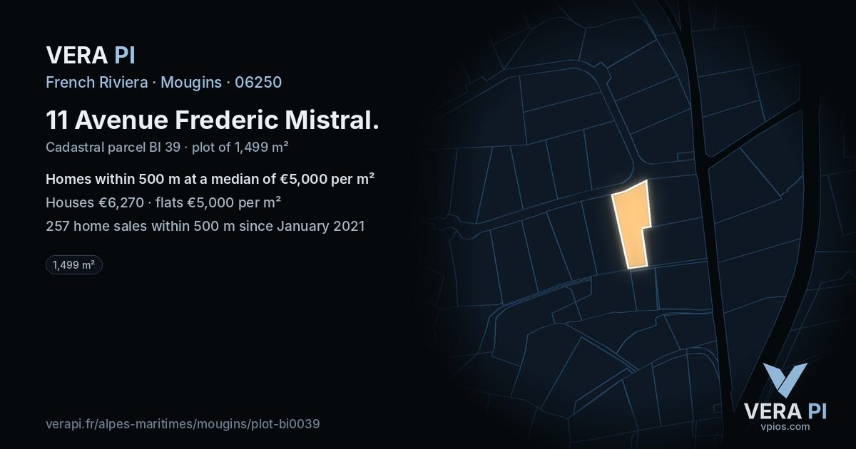 11 Avenue Frederic Mistral, Mougins at night – the plot lit, the parcels around coloured by the prices near them