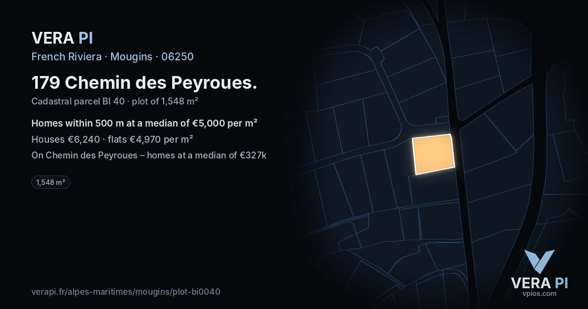 179 Chemin des Peyroues, Mougins at night – the plot lit, the parcels around coloured by the prices near them