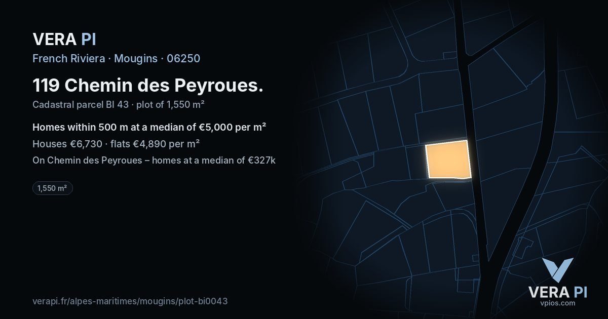 119 Chemin des Peyroues, Mougins at night – the plot lit, the parcels around coloured by the prices near them