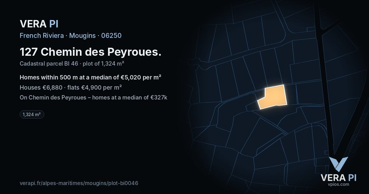127 Chemin des Peyroues, Mougins at night – the plot lit, the parcels around coloured by the prices near them