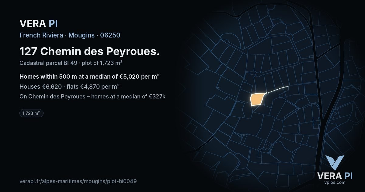 127 Chemin des Peyroues, Mougins at night – the plot lit, the parcels around coloured by the prices near them