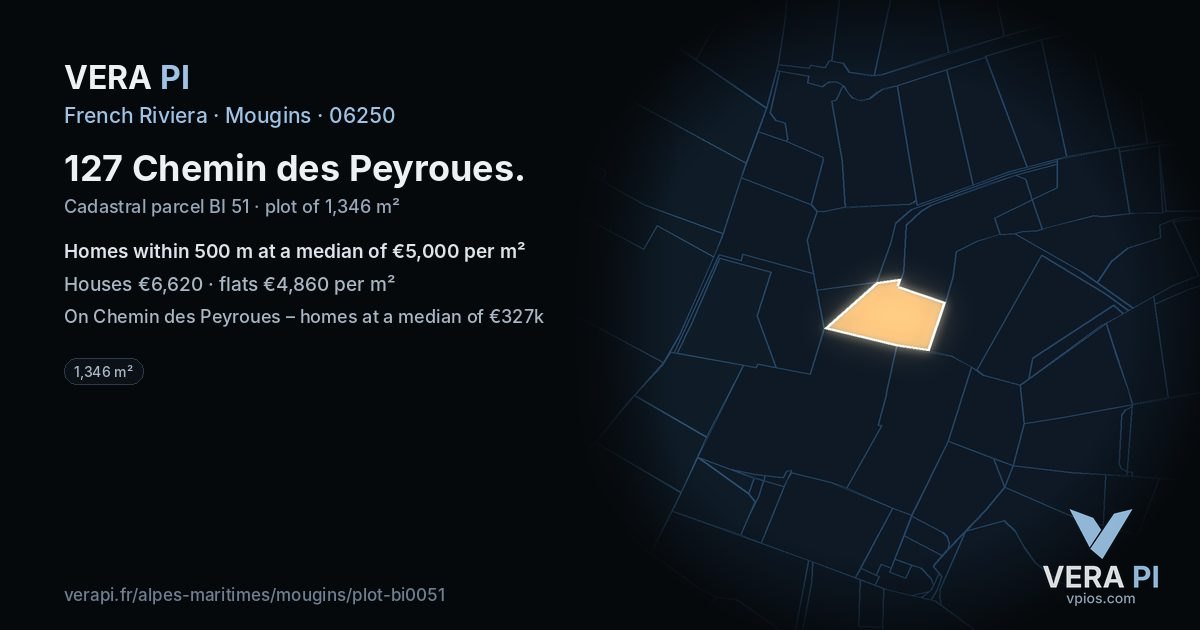 127 Chemin des Peyroues, Mougins at night – the plot lit, the parcels around coloured by the prices near them