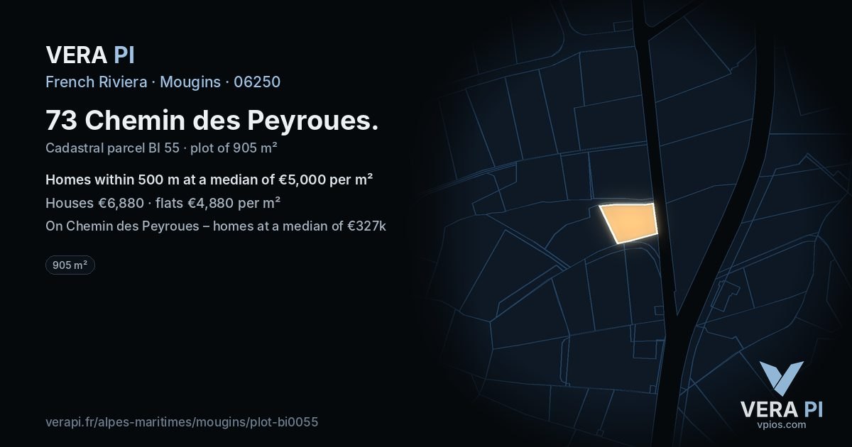 73 Chemin des Peyroues, Mougins at night – the plot lit, the parcels around coloured by the prices near them