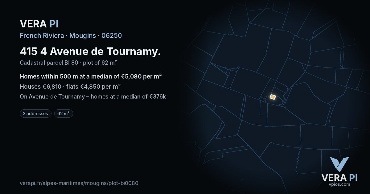 415 4 Avenue de Tournamy, Mougins at night – the plot lit, the parcels around coloured by the prices near them