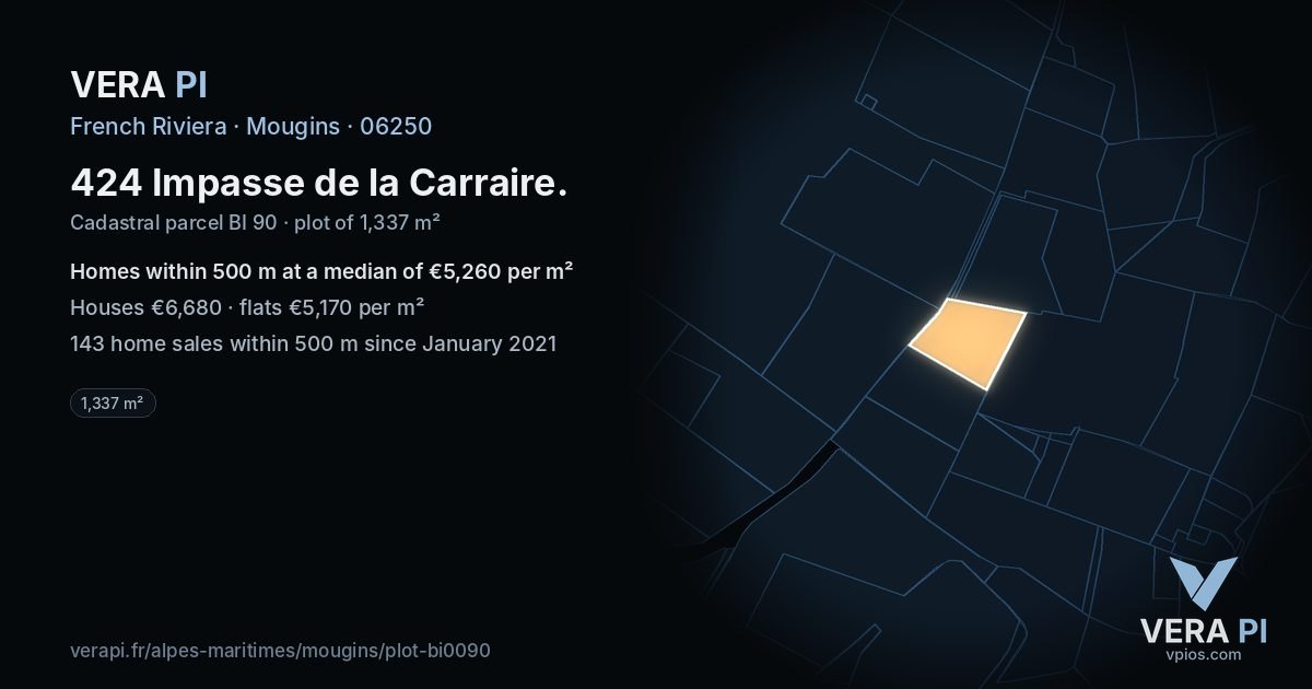 424 Impasse de la Carraire, Mougins at night – the plot lit, the parcels around coloured by the prices near them