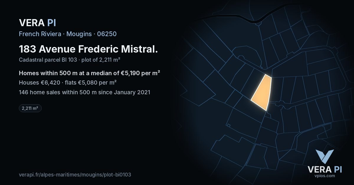 183 Avenue Frederic Mistral, Mougins at night – the plot lit, the parcels around coloured by the prices near them
