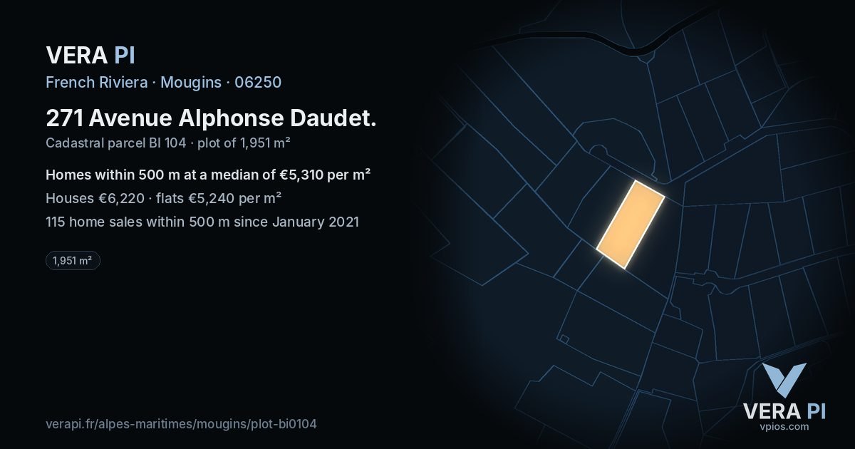 271 Avenue Alphonse Daudet, Mougins at night – the plot lit, the parcels around coloured by the prices near them