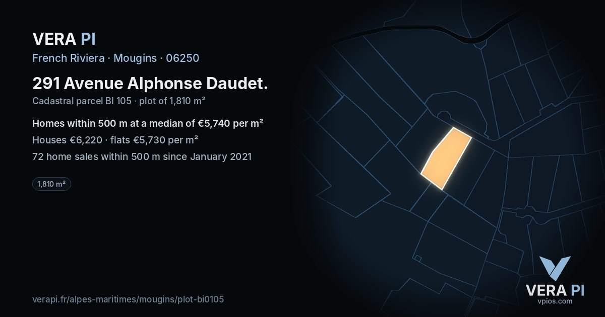 291 Avenue Alphonse Daudet, Mougins at night – the plot lit, the parcels around coloured by the prices near them