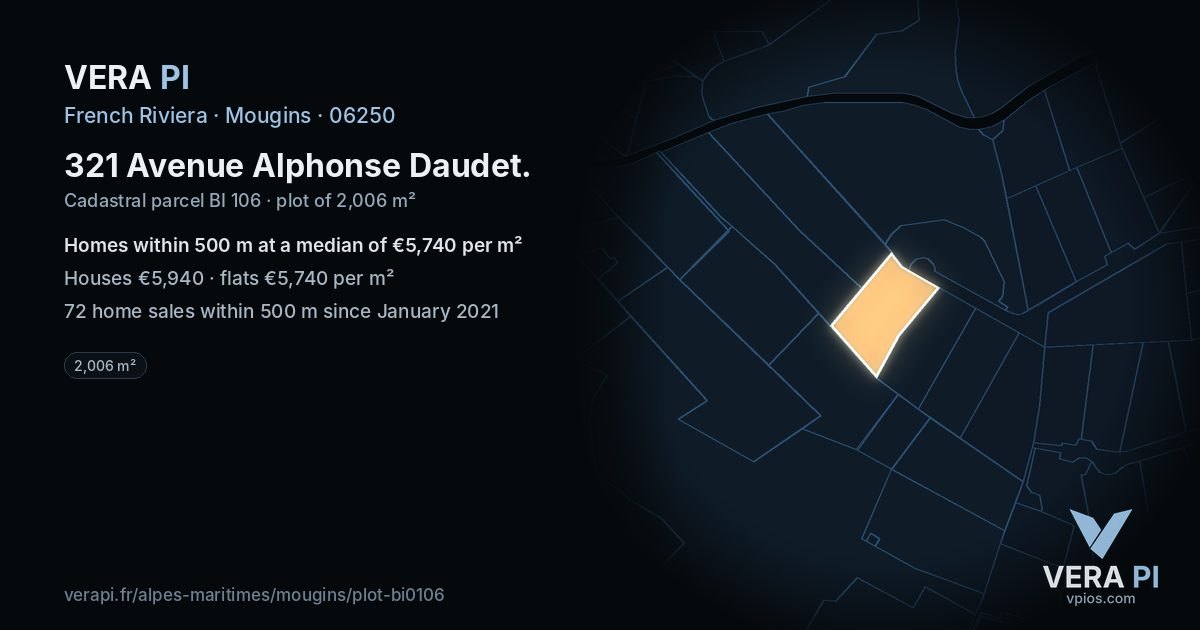 321 Avenue Alphonse Daudet, Mougins at night – the plot lit, the parcels around coloured by the prices near them