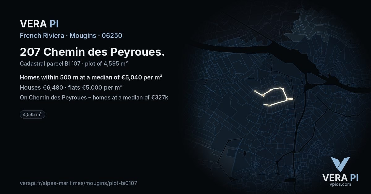 207 Chemin des Peyroues, Mougins at night – the plot lit, the parcels around coloured by the prices near them