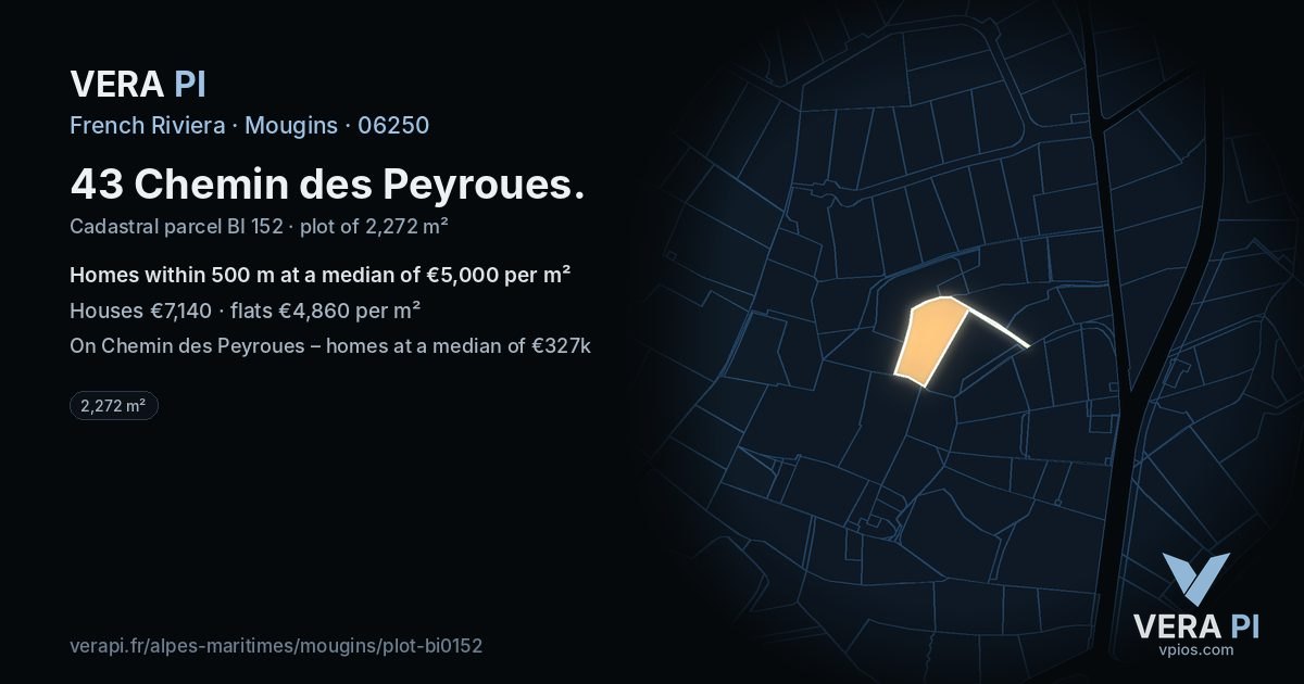 43 Chemin des Peyroues, Mougins at night – the plot lit, the parcels around coloured by the prices near them