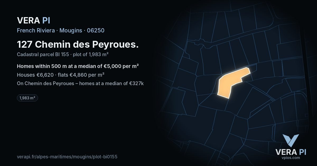 127 Chemin des Peyroues, Mougins at night – the plot lit, the parcels around coloured by the prices near them
