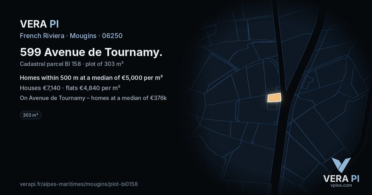 599 Avenue de Tournamy, Mougins at night – the plot lit, the parcels around coloured by the prices near them