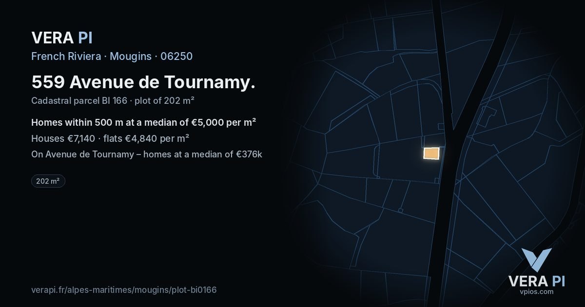 559 Avenue de Tournamy, Mougins at night – the plot lit, the parcels around coloured by the prices near them