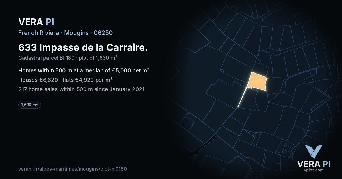 633 Impasse de la Carraire, Mougins at night – the plot lit, the parcels around coloured by the prices near them