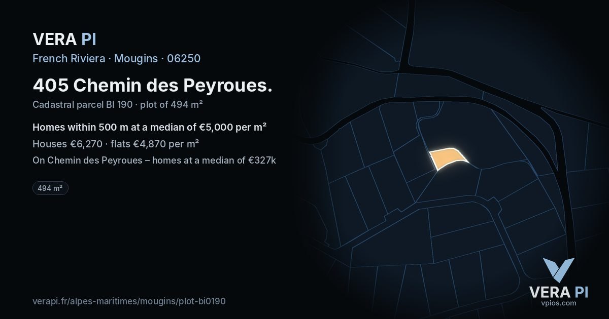 405 Chemin des Peyroues, Mougins at night – the plot lit, the parcels around coloured by the prices near them