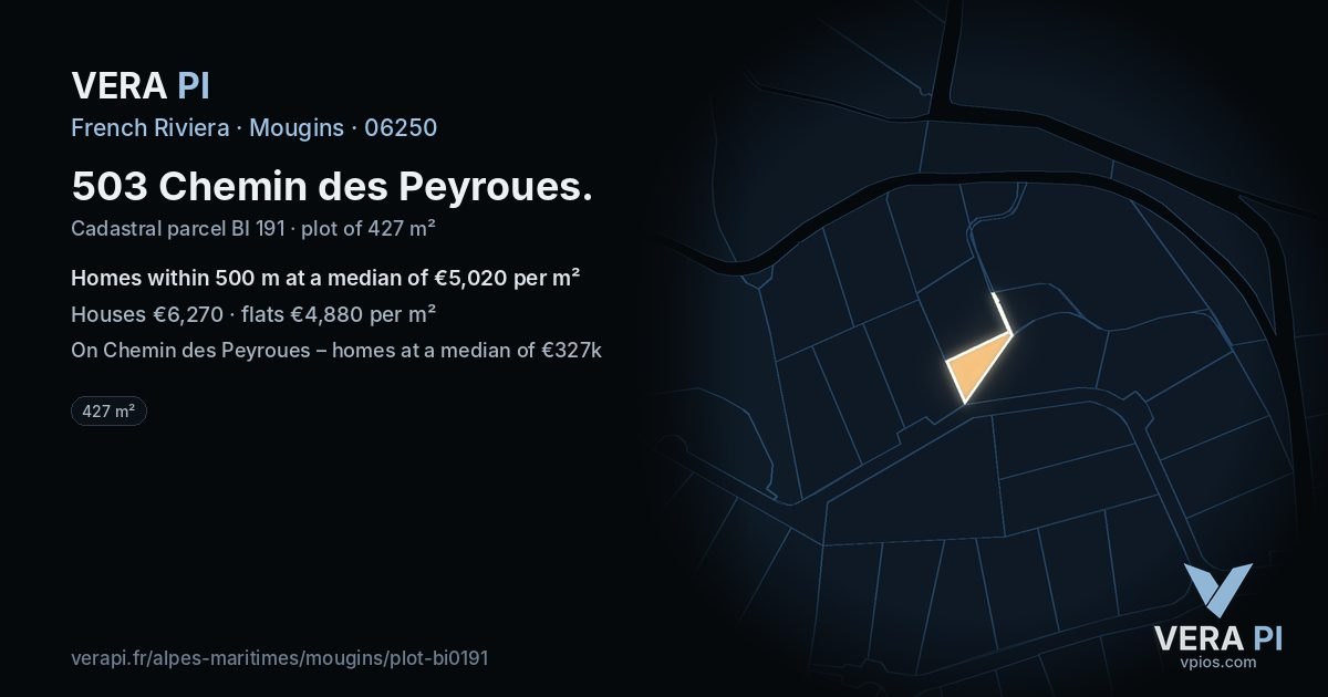 503 Chemin des Peyroues, Mougins at night – the plot lit, the parcels around coloured by the prices near them