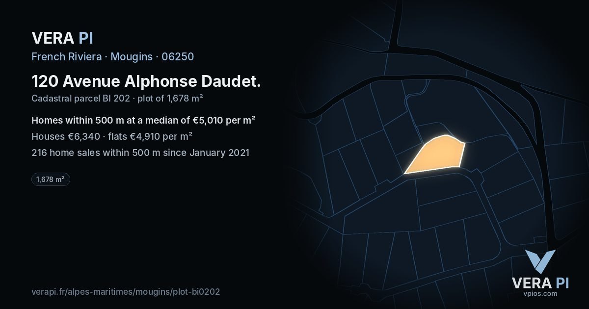 120 Avenue Alphonse Daudet, Mougins at night – the plot lit, the parcels around coloured by the prices near them