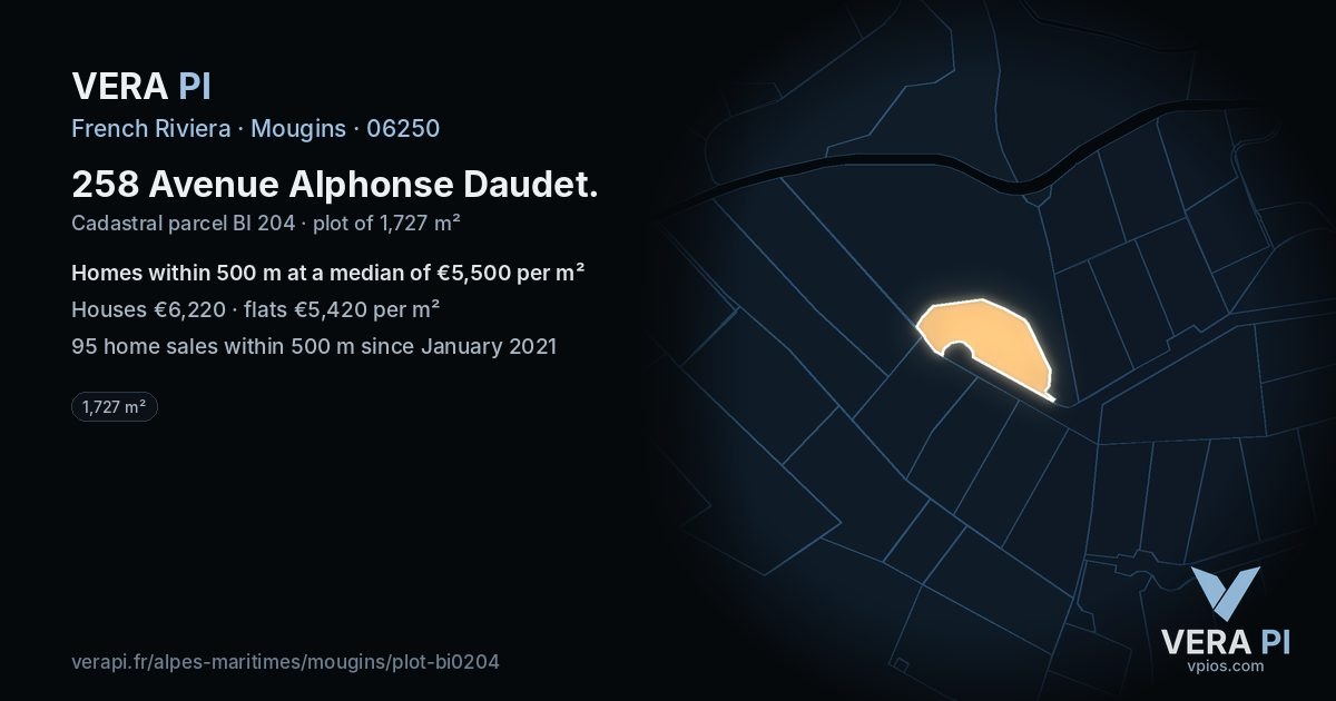 258 Avenue Alphonse Daudet, Mougins at night – the plot lit, the parcels around coloured by the prices near them
