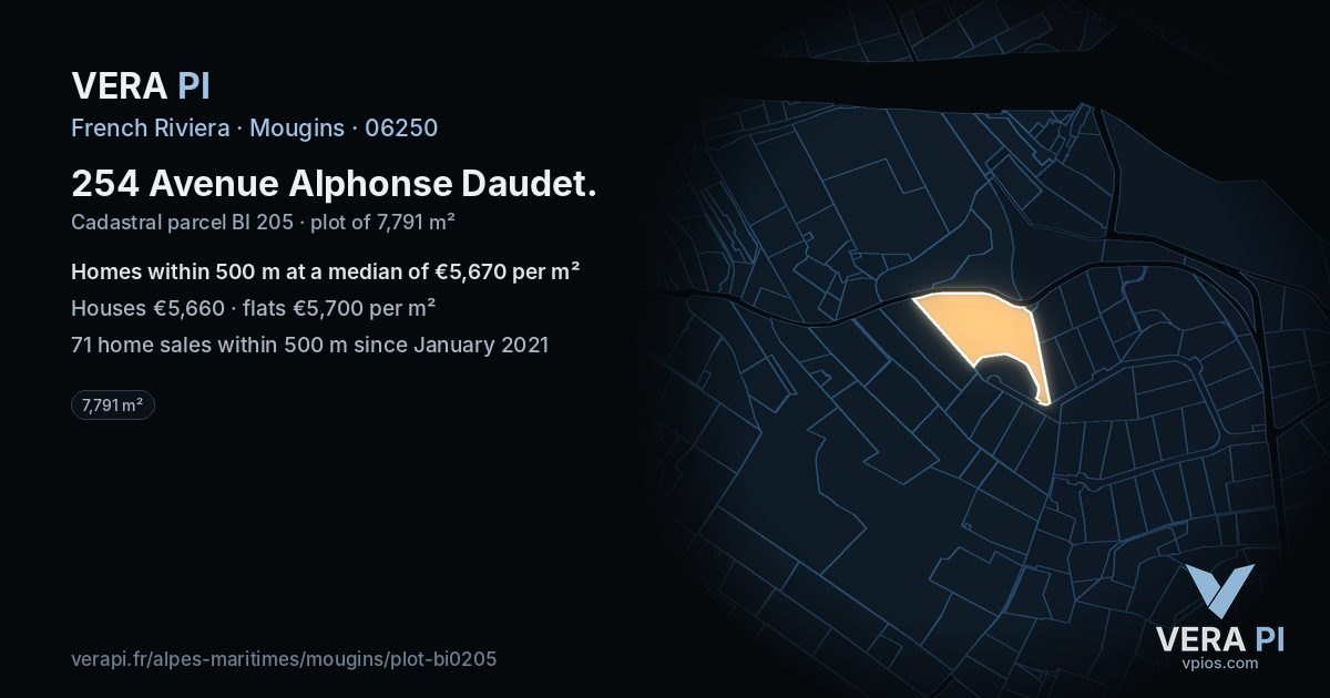 254 Avenue Alphonse Daudet, Mougins at night – the plot lit, the parcels around coloured by the prices near them